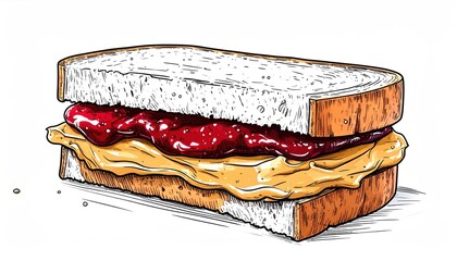 Peanut Butter and Jelly Sandwich Illustration with Detailed Shading.