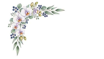 Hand painted elegant floral corner border featuring orchids and eucalyptus in sage and navy isolated on white background