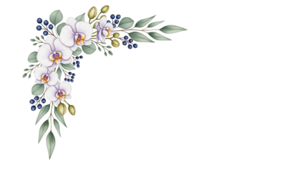 Hand painted elegant floral corner border featuring orchids and eucalyptus in sage and navy isolated on white background