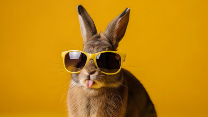 Cute rabbit wearing yellow sunglasses cool pose vector illustration flat design