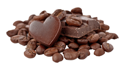 Coffee beans and chocolate heart on transparent background for coffee lovers food