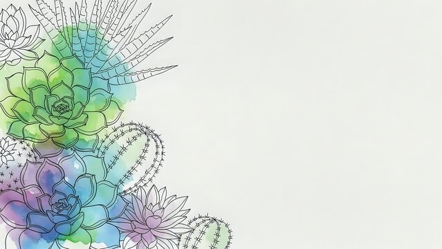Watercolor succulent plants and cacti border with hand-drawn line art on neutral background. Modern botanical illustration for greeting cards and stationery.