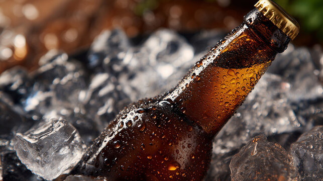 Brown glass bottle resting on a pile of ice cubes, detailed macro view with water droplets, sunlight highlighting textures, summer picnic or barbecue ambiance, thirst-quenching rea