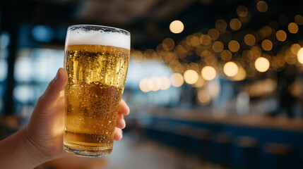 Macro shot of a hand holding a glass of golden beer, condensation beads on glass, frothy top prominent, soft-focus bar interior with glowing lights behind, cozy and inviting drinki
