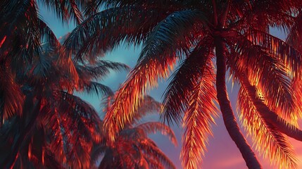 Tropical palm trees with vibrant red and orange sunset lighting creating dramatic silhouettes against twilight sky for vacation and travel themes.