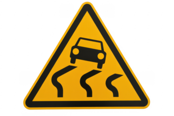 Yellow road sign with car and winding road traffic sign isolated on a transparent background
