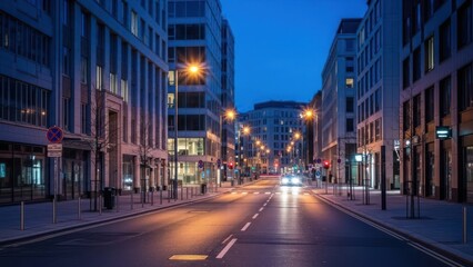 Evening city street view with illuminated buildings and streetlights