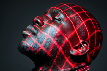 Person's head illuminated by a red geometric grid pattern in a dark studio, representing abstract identity and futuristic technology