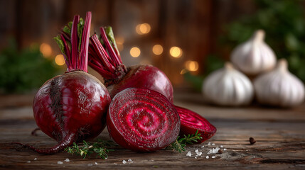 Artistic composition of whole and sliced red beets on a rustic surface, inner rings glowing under soft light, roots curling naturally, additional vegetables like onions and garlic