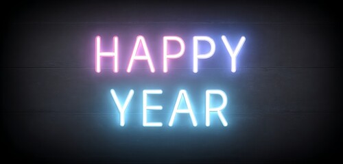Elegant Happy New Year neon typography glowing on dark backdrop