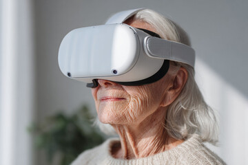 Luminous Discovery: Senior Woman Using White VR Headset in Minimalist Bright Living Space