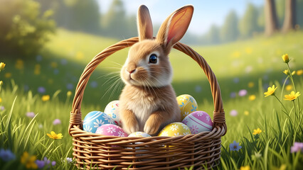 Easter bunny with colorful eggs in wicker basket spring meadow vector illustration