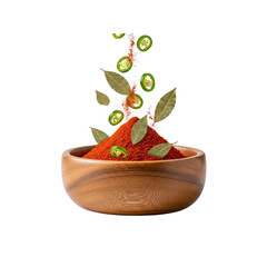 Paprika powder in wooden bowl with peppers