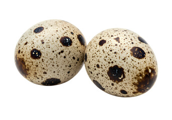 Obraz premium Two quail eggs with natural speckled shells isolated on transparent background for food, farming, and culinary design