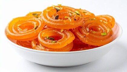 Plate of glossy orange jalebi spirals garnished with pistachios and silver leaf on metallic dish.