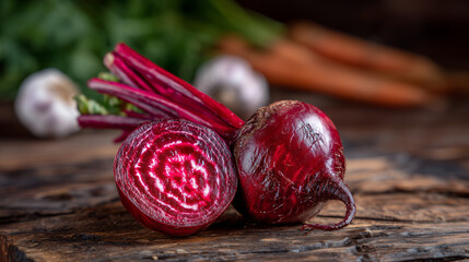 Close-up of whole and sliced red beets on a natural wooden surface, visible roots curling organically, inner rings vividly detailed, additional vegetables like carrots and garlic c
