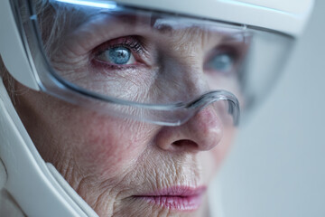 Synthetic Wonder: Close-up of Senior Woman Wearing Futuristic White VR Headset in High-Key Studio