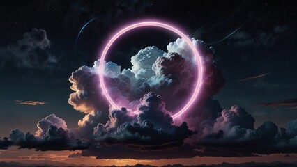 Neon circle illuminating clouds at night surreal digital art