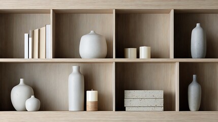 Elegant interior shelf with ceramic vase books and candles