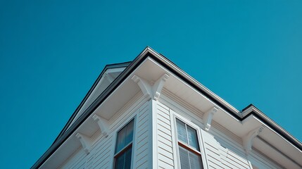 Obraz premium Elegant poto of Corner of a white house with architectural details, windows, and decorative brackets against a clear blue sky.