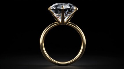 A gold-colored diamond ring with a large, round, clear gemstone on a black background.