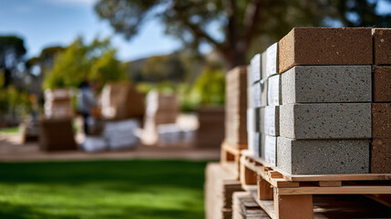 Wide-angle view of mixed building materials stacked on pallet, concrete blocks, drywall, and particle boards, green lawn and softly blurred trees in background, warm daylight, outd