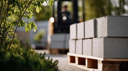 Close-up of gray concrete blocks stacked on pallet, edges and rough surfaces visible, green grass beneath, blurred leafy trees behind, sunlight creating gentle shadows and highligh