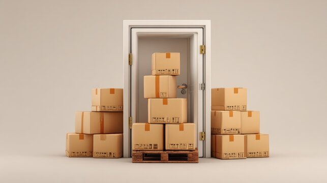 A stack of cardboard boxes in front of a closed door.