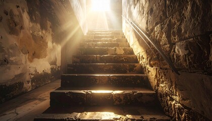 Stone staircase ascending toward bright light in dim enclosed space with dramatic shadows and textured walls