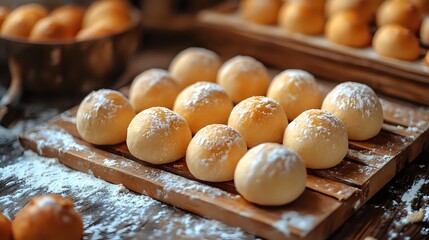 Fresh baked bread rolls with sesame seeds on wooden cutting board in rustic bakery kitchen setting with flour dusting for culinary and food preparation.