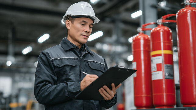 Industrial safety officer reviewing fire safety checklist next to red fire extinguishers, subtle reflections on polished metal surfaces, ambient factory lighting, emphasis on preve