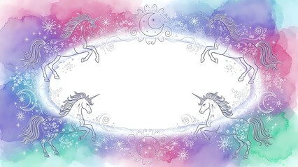 Magical unicorn frame with rainbow watercolor background and ornate decorative border for fantasy designs and fairy tale projects.
