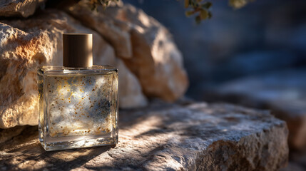 Menâs fragrance bottle positioned on natural stone with dark backdrop, soft reflections and subtle shadow cast on surface, warm highlights emphasize glass texture, luxurious mascul