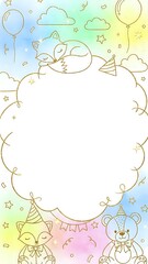 Obraz premium Cute baby shower frame with sleeping fox, teddy bear, balloons and stars on pastel rainbow background for nursery decoration and party invitations.