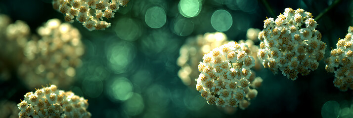 Delicate White Flower Clusters with Green Bokeh Background, Elegant Botanical Nature Photography Soft Focus