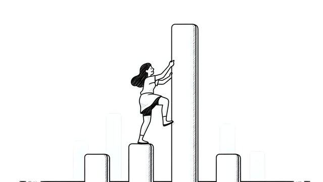 Young businesswoman climbing bar chart steps reaching for success in career growth and achievement goals isolated on white background.