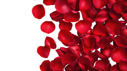 Collection of red rose petals filling corner of frame against transparent checkered area