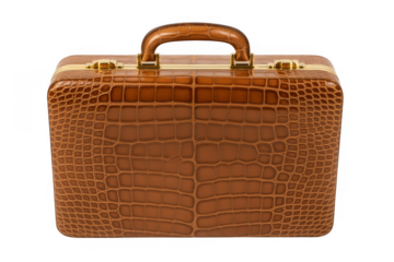 Brown leather crocodile skin briefcase with gold hardware isolated on a transparent background