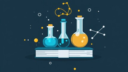 Science laboratory equipment illustration with beakers and book on a dark background