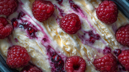 Close-up of creamy ice cream with fruit ribbons, pink and white swirls, fresh raspberries and berry compote streaks visible, detailed texture showing softness and gloss, appetizing