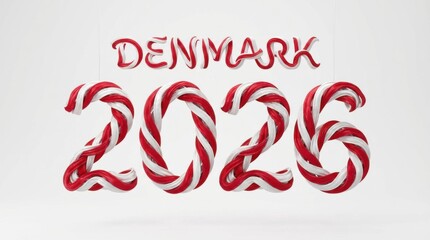 artistic denmark 2026 made of 3d braided ribbon digits woven from flag colors isolated on white background eye-catching 3d headline artwork perfect for new year posters 