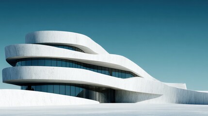 A modern, white, curved architectural structure with a glass facade, set against a clear blue sky.