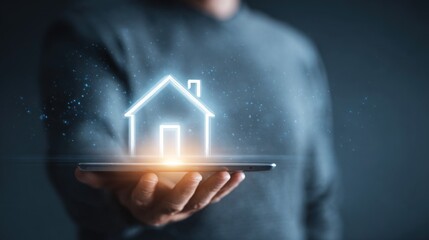 A person holding a glowing house icon on a tablet.