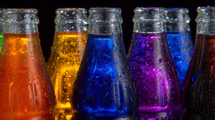 Wide shot of vibrant soft drink bottles, aligned in a neat row, glowing colors from orange to purple, condensation beads visible, bright and inviting refreshment theme