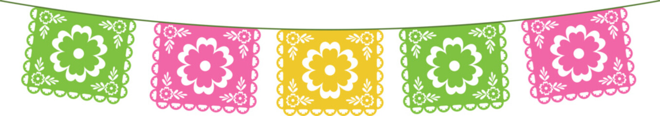 Decorative Mexican paper decoration, Papel Picado. A festive paper garland with a floral lace pattern. Isolated vector illustration on a transparent background.