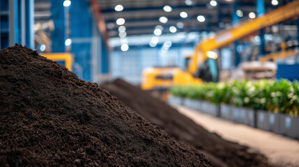 Close-up of a pile of organic compost material inside a large indoor facility, rich textures of decomposing plant matter, soft industrial lighting highlighting details, blurred bac