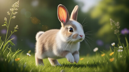 Cute baby rabbit in meadow with wildflowers vector illustration flat design