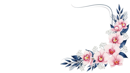 Hand painted luxury watercolor corner frame featuring orchids and baby's breath in navy and blush pink isolated on white background