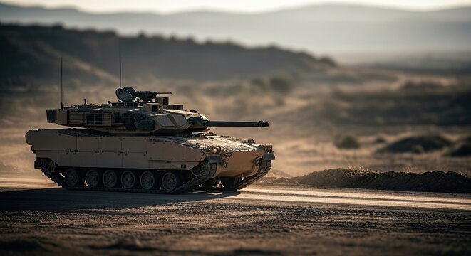 A military tank on a desert road.