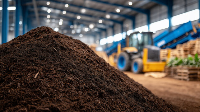 Close-up of a pile of organic compost material inside a large indoor facility, rich textures of decomposing plant matter, soft industrial lighting highlighting details, blurred bac